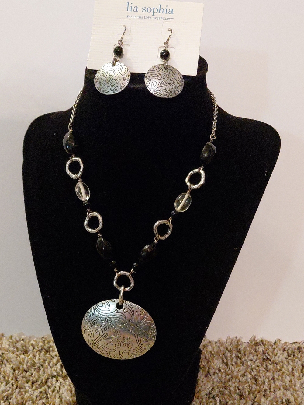 Lia Sophia Silver Floral Pendant Necklace with Black Bead Accents